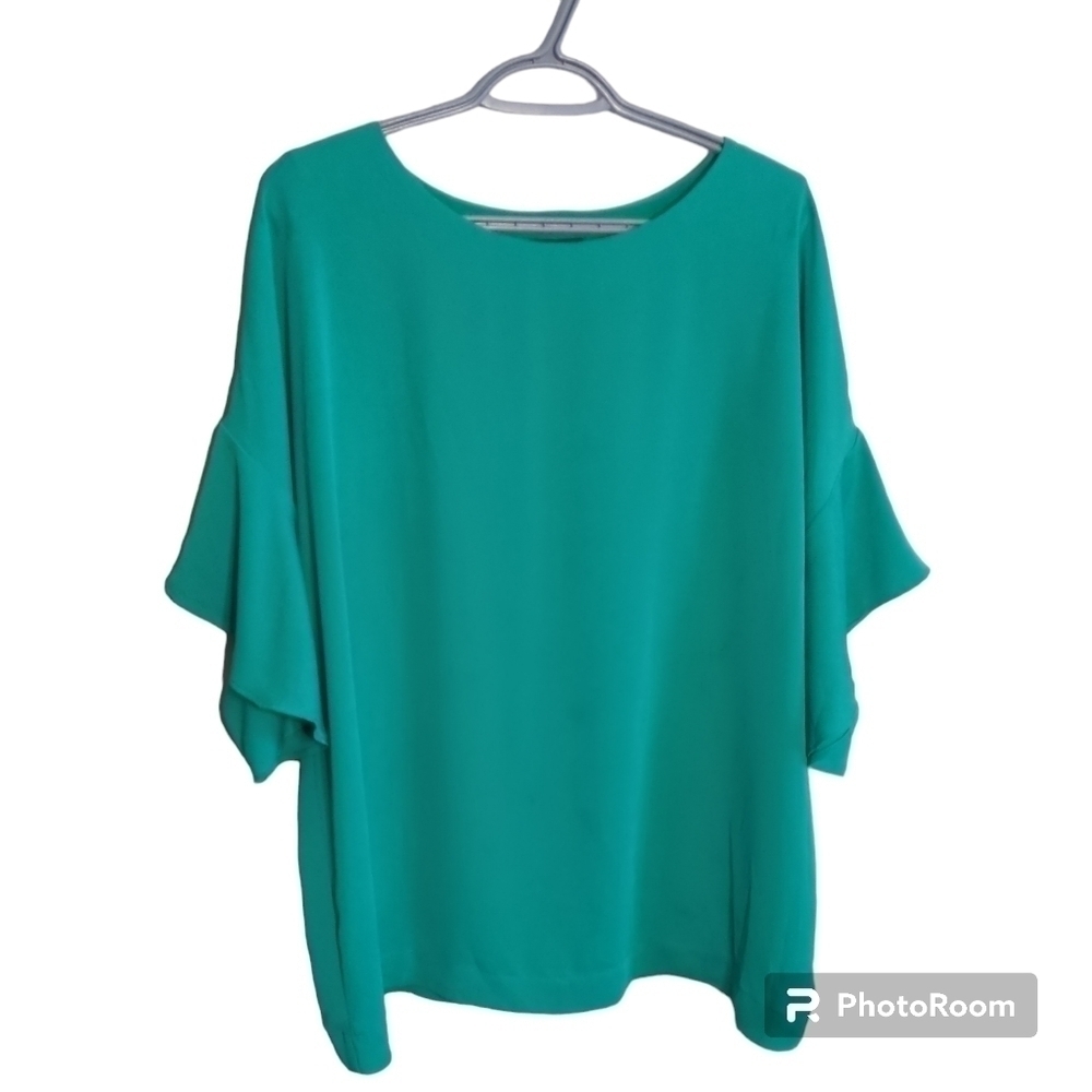 J.Jill Wearever Collection Green Sheer Overlay Blouse with Flutter‎ Sleeves Sz L
